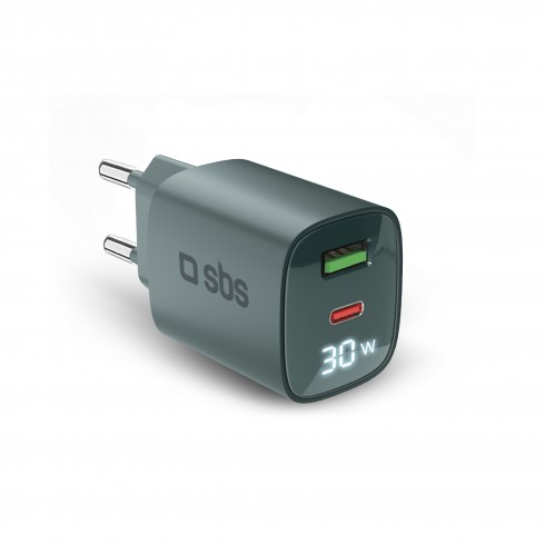 Мрежово зарядно SBS 81505 PD30W GaN, 1xUSB-C PD30W + 1xUSB-A AFC 18W + LCD екран, светло синьо Мрежово зарядно SBS 81505 PD30W GaN, 1xUSB-C PD30W + 1xUSB-A AFC 18W + LCD екран, светло синьо