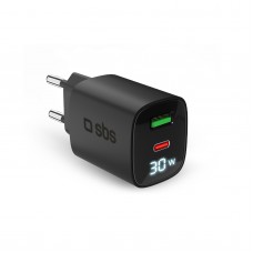 Мрежово зарядно SBS 81475 PD30W GaN, 1xUSB-C PD30W + 1xUSB-A AFC 18W + LCD екран, черно
