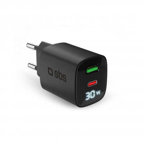 Мрежово зарядно SBS 81475 PD30W GaN, 1xUSB-C PD30W + 1xUSB-A AFC 18W + LCD екран, черно