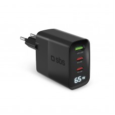 Мрежово зарядно SBS 81468 PD65W GaN,  2xUSB-C 65W+ 1xUSB AFC 60W + LCD екран, черно