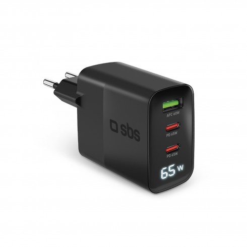 Мрежово зарядно SBS 81468 PD65W GaN, 2xUSB-C 65W+ 1xUSB AFC 60W + LCD екран, черно Мрежово зарядно SBS 81468 PD65W GaN, 2xUSB-C 65W+ 1xUSB AFC 60W + LCD екран, черно