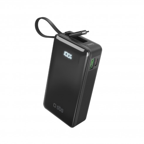 Преносима батерия SBS 81420, 10 000mAh, PD20W, с вграден кабел, LCD, черна Преносима батерия SBS 81420, 10 000mAh, PD20W, с вграден кабел, LCD, черна