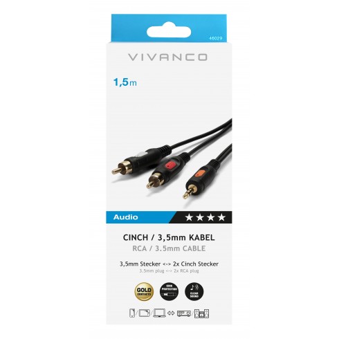 Vivanco 46029 Кабел, 2x RCA М - 3,5 мм М, , 1,5 м Позлатени контакти Vivanco 46029 Кабел, 2x RCA М - 3,5 мм М, , 1,5 м Позлатени контакти